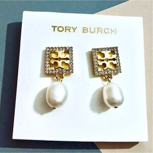 Tory Burch Kira Pave Gold and White pearls Drop Earrings